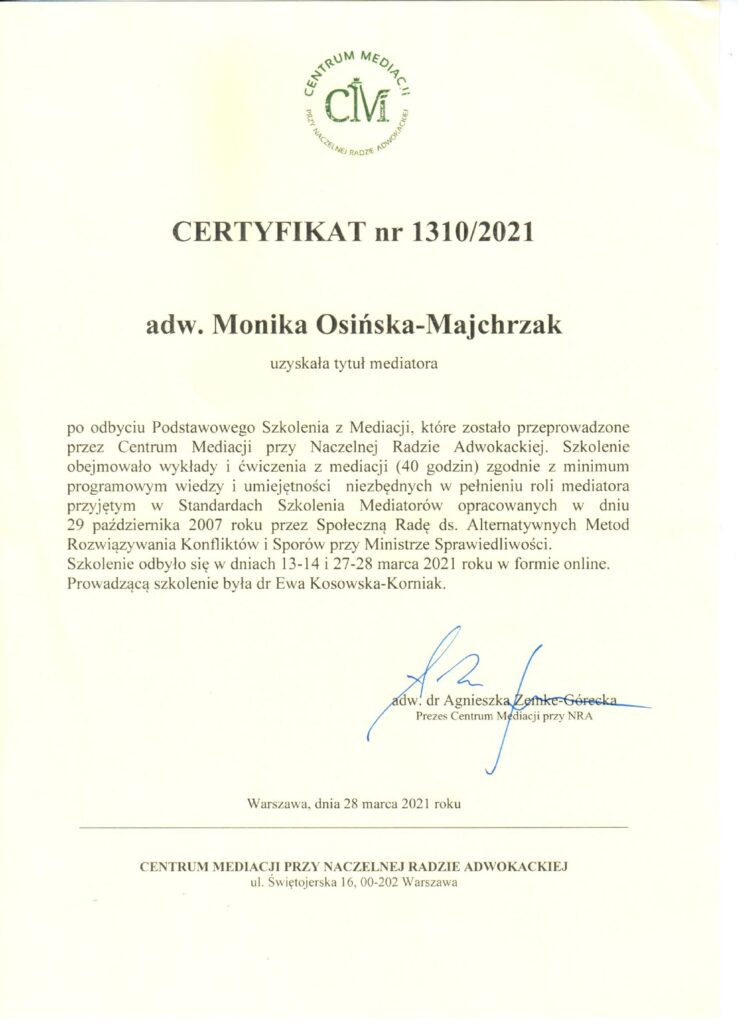 Zertifikat Nr. 1310/2021 RA Monika Osińska-Majchrzak – Erlangung des Titels eines Mediators.